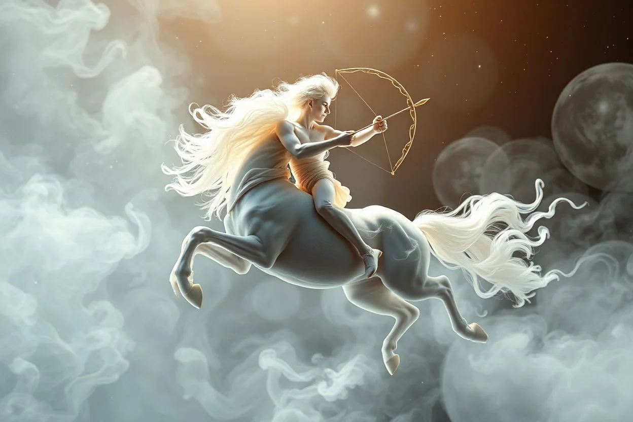 16K resolution close up image set against an expansive, pure cosmic space backdrop. Center the focus on an intensely radiant male Centaur, fabricated from white smoke and giving the illusion of being made of billowing vaporous pearly smoke. The Centaur is in mid-gallop, poised confidently, with his bow aimed. His form should present intricate detailed patterns, created from carefully-arranged smoke whorls and curling smoke tendrils. Lighting should enhance this ethereal scene casting a dreamy