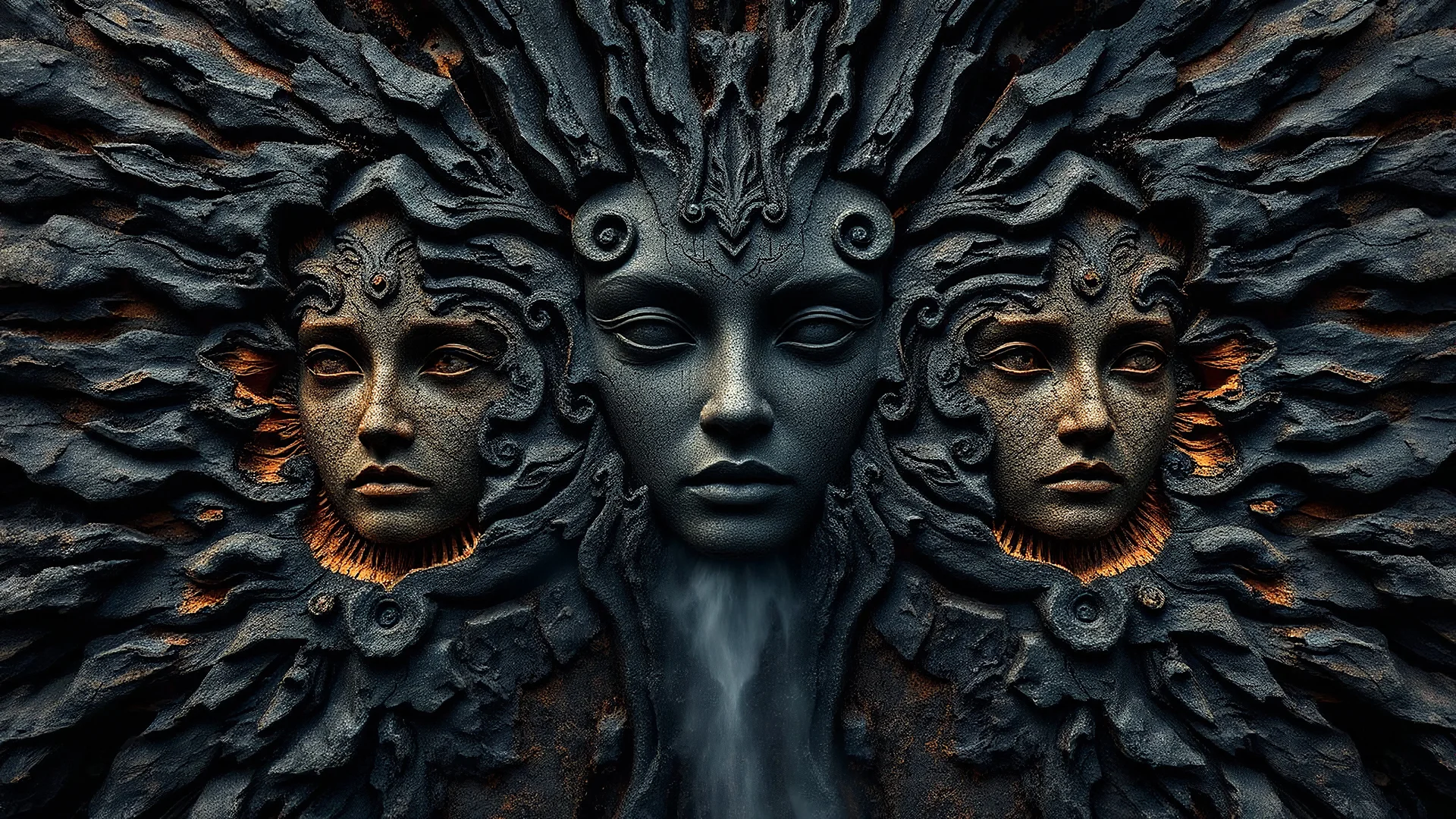 Photorealistic gorgeous point-symmetrical shot of dark slab of bark texture with many ancient female elven goddess faces shaped in the bark. Mist rising from the lower part and across the width of the image. forgotten realms fantasy style by lee jeffries, otherworldly, in the style of fantasy movies, shot on Hasselblad h6d-400c, zeiss prime lens, bokeh like f/0.8, tilt-shift lens, 8k, high detail, smooth render, unreal engine 5, cinema 4d, HDR, dust effect, vivid colors