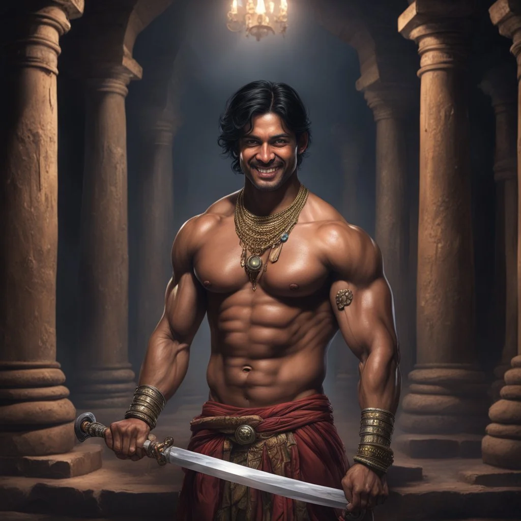 Hyper Realistic shirtless muscular handsome short black hair Indian King smiling & holding sword in a huge dark catacombs with traditional pillars at night