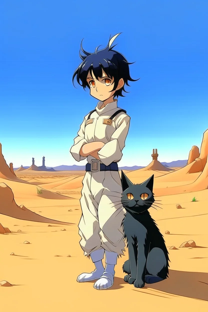 Meryl Stryfe Trigun young girl short black hair anime white clothes standing in the desert with a cat in her arms