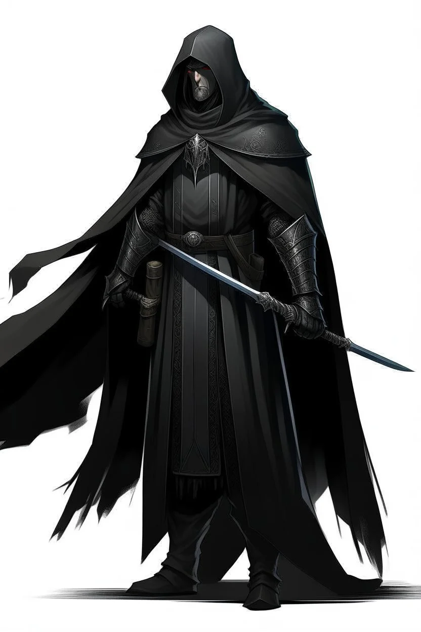 A commander with a black cloak and a long coat with long combat boots and a long spear with his Helmet under his cloak