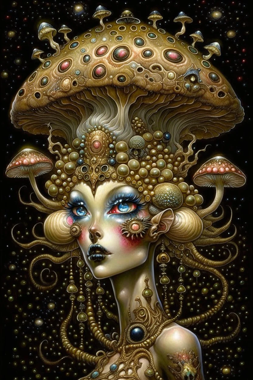 Beautiful rococo mushroom fairy, detailed eyes, realistic features, hq, fungi, celestial, moon, galaxy, stars, by Salvador Dalí, giger, Hieronymus Bosch, victo ngai, fungi, celestial, Ryan Hewett