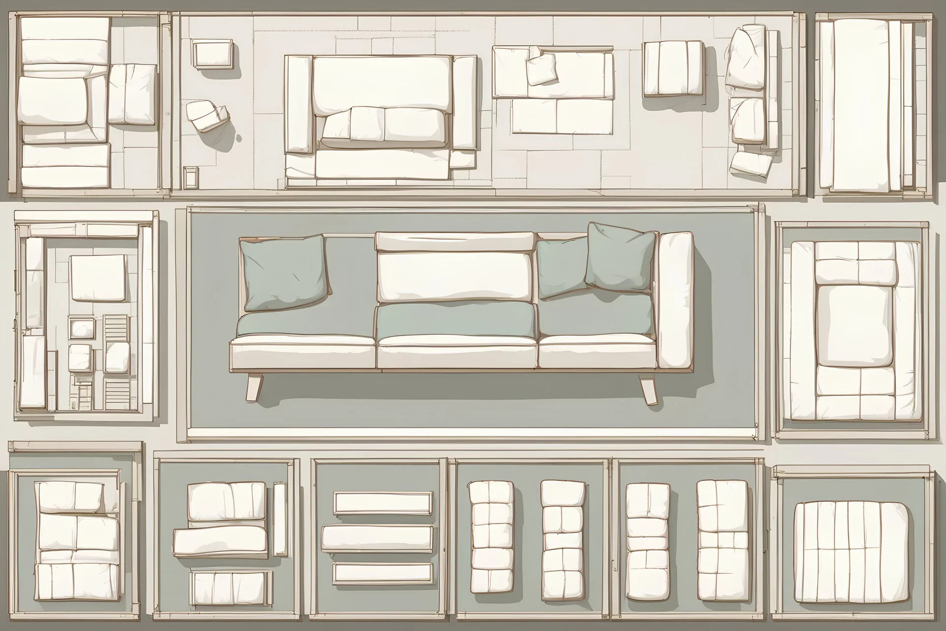 Sprite sheet, furniture, architectural plan, couch, table, chair, top view, dilapidated, post apocalypse,