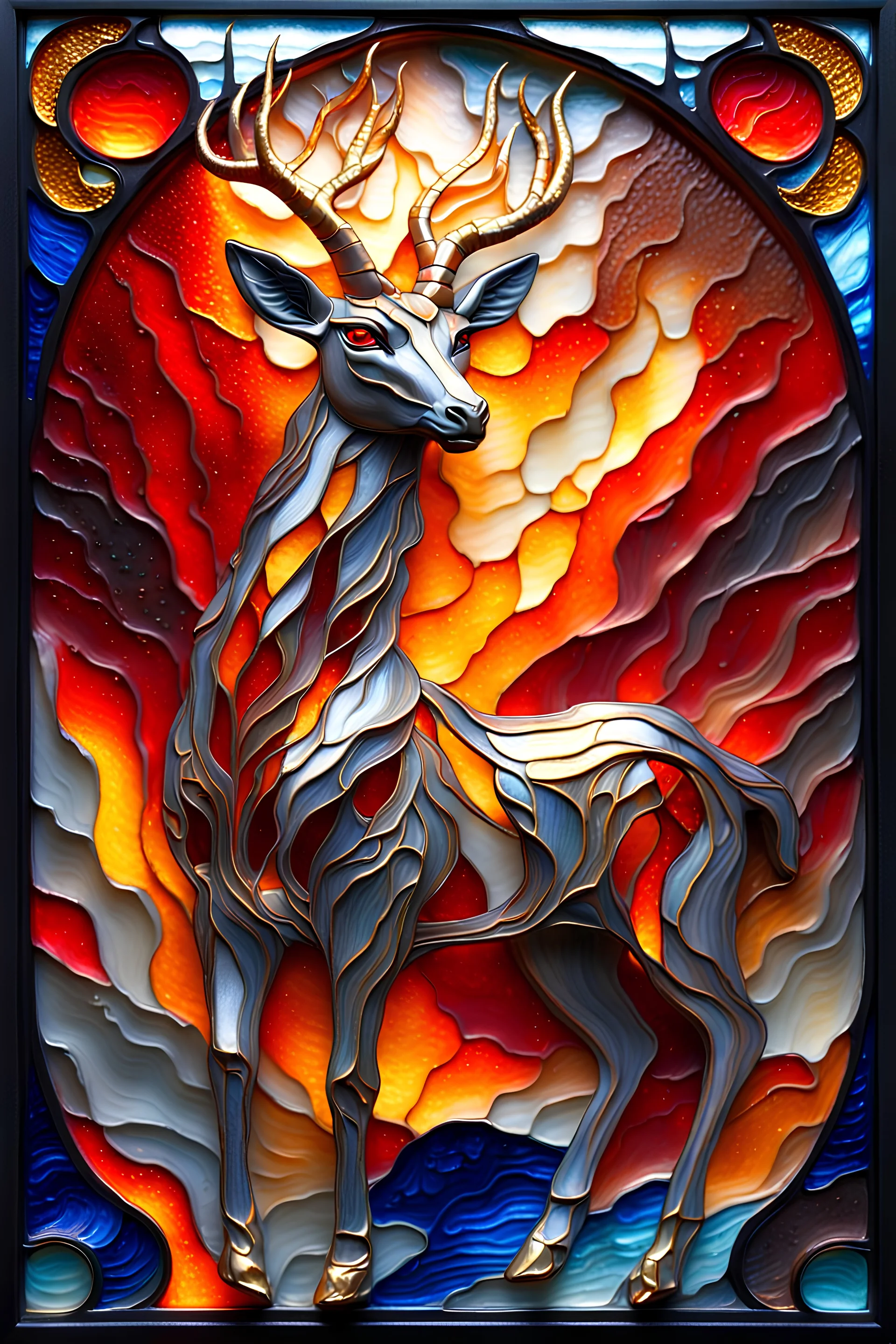 3D embossed textured ethereal image, beautiful fire gazelle with clear, sanpaku red-brown eyes, long multi-hued red-gold hues, sparks shooting from its hooves, cavorting in molten lava; made of stained glass, agate with gold foil highlights, coals. red, orange, yellow, blue, silver, grey, black; 3D, fire, flames, smoke, nebula sky, crescent moon, glowing embers, gold smoke, sparks, realistic