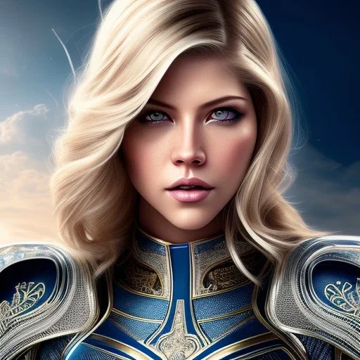 Katheryn Winnick, Cyborg warrior, light blonde hair, pixie hairstyle, cobalt eyes, waist up portrait, 8k resolution, intricate details, ornate details, soft lighting, vibrant colors, masterpiece, intricate eyeliner, dark eyeshadow, eyes, intricate tattoos, gradient background