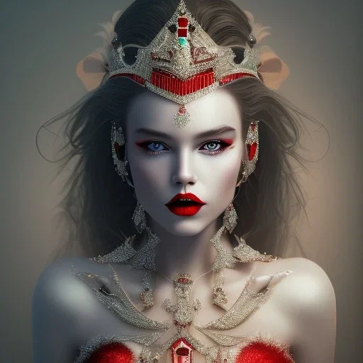 a princess with red lipstick, wearing jewellery and feathers, dramatic, dramatic lighting, volumetric lighting, hyperrealism, 8k, high quality, photorealistic, lot of details