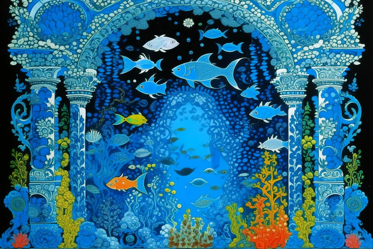 A blue underwater kingdom with fish and merfolk designed in ancient Roman mosaics painted by Andy Warhol