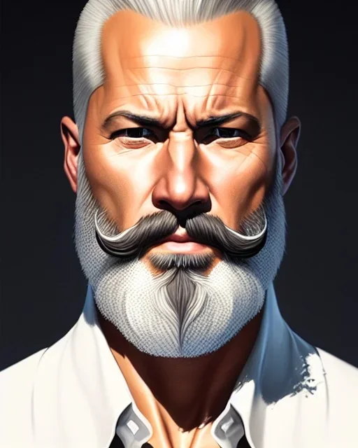 "MIddle aged white human male, with a trimmed but uneven beard, piercing eyes with slick back hair, full-scale head and shoulders portrait, 8k resolution concept art portrait by Greg Rutkowski, Artgerm, WLOP, Alphonse Mucha dynamic lighting hyperdetailed intricately detailed Splash art trending on Artstation triadic colors Unreal Engine 5 volumetric lighting Splash art fantasy"