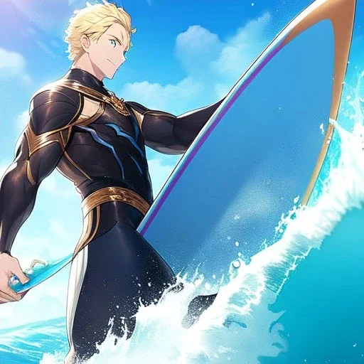 ONE anime blonde boy, riding the perfect waves, standing and balancing on a surfboard, going through a huge wave