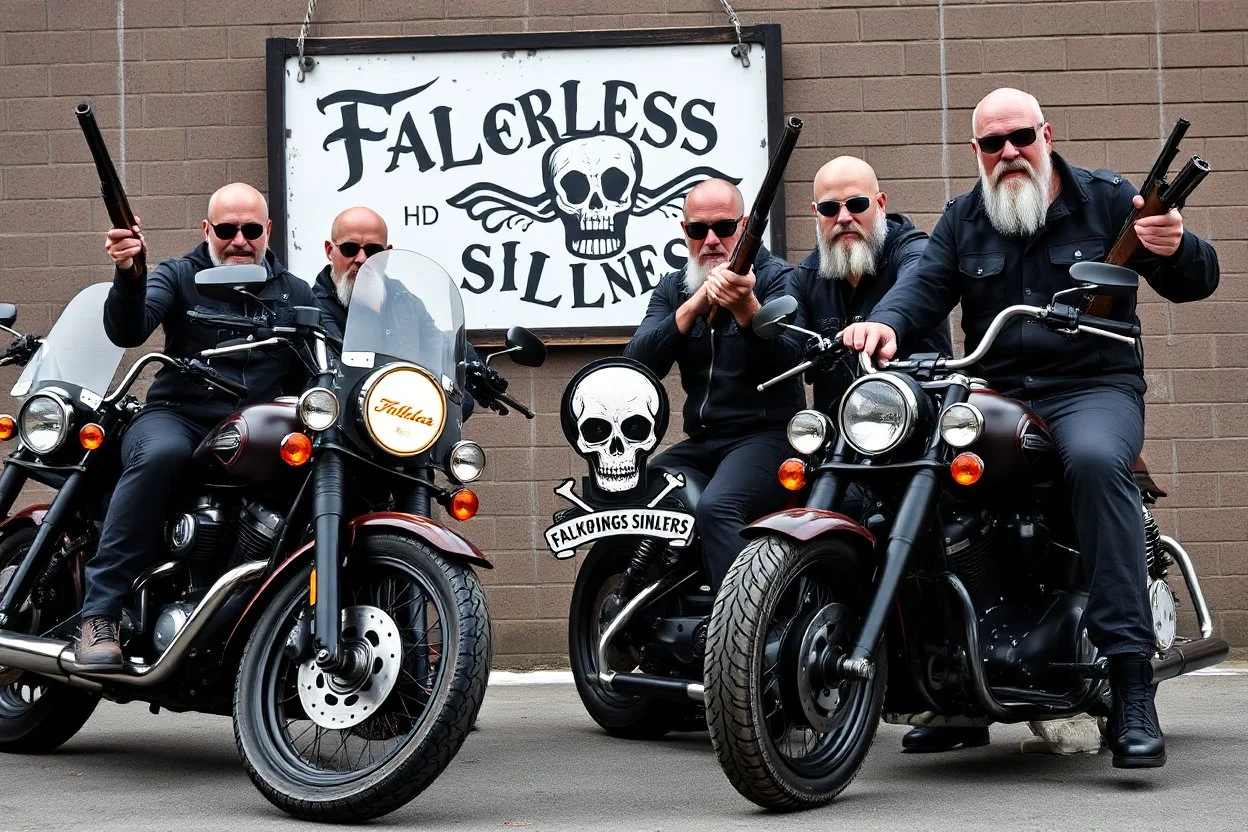 a very hard and tuff motorcycle bald gang, not old, posing with their Harley Davidsson bikes, some of them holding guns and shotguns, a logo sign with Falköpings HD Club, "Fearless sinners" Skulls and bones, skeletons
