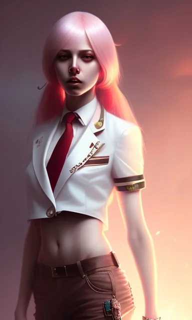 girl, cute, beautiful, pink hair, brown eyes, pigtails, bangs, knife in hand, blood on face, by Greg Rutkowski, big boobs, blazer, yandere