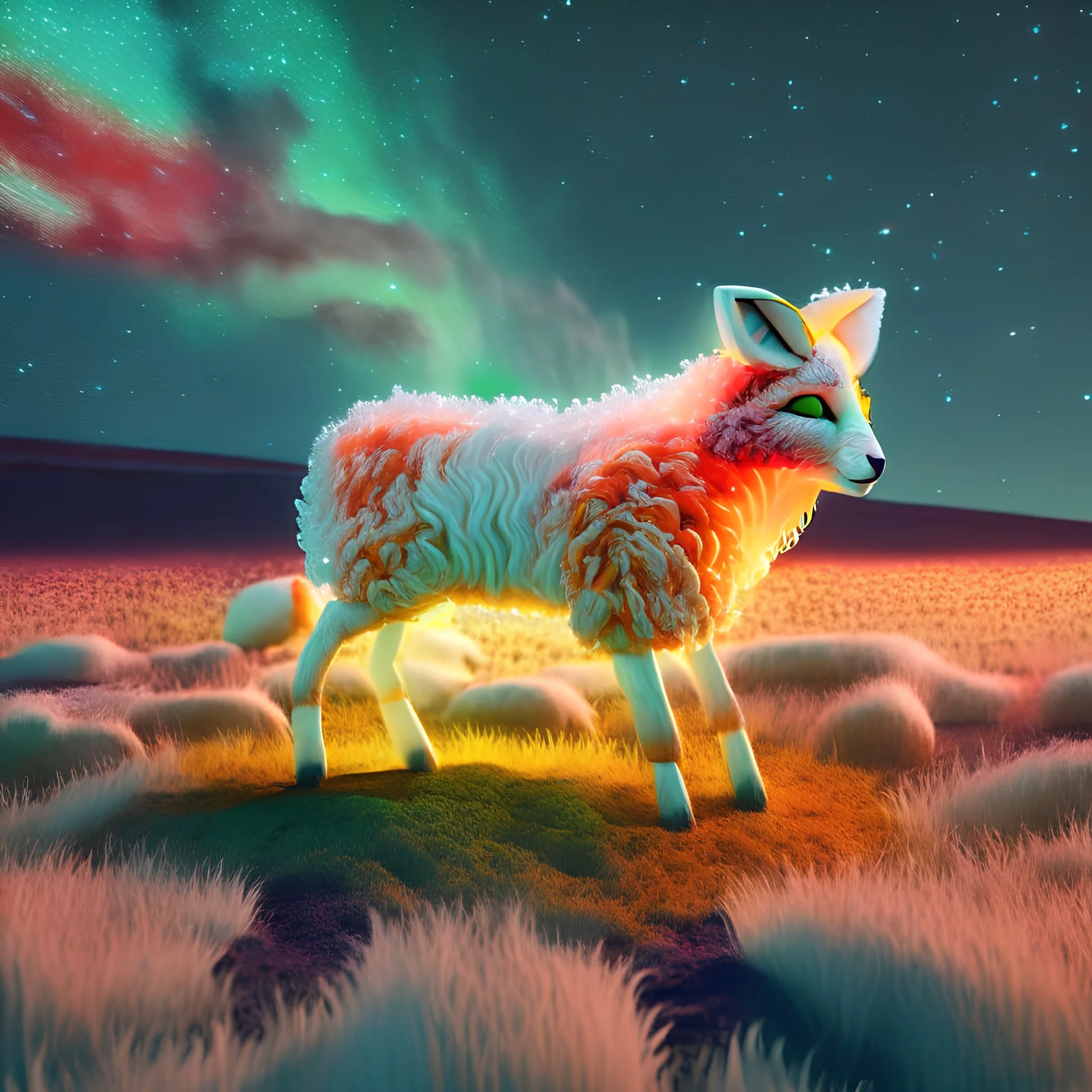Colorful alien sheep fox chimera, white and red orange fur, muddy green grass farm prairie, stars night cinematic lighting, ray tracing volumetric lighting, field of depth