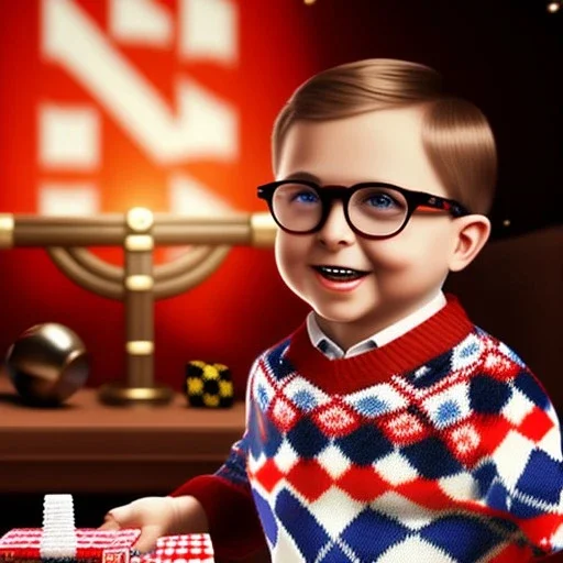 living room scene, ralphie peter billingsley glasses, boy in argyle sweater holding a bar of (red soap)