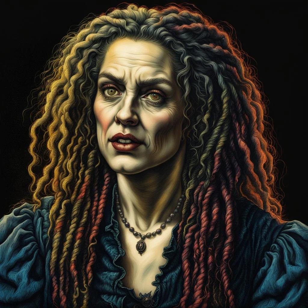 colored etching of a raggedly dressed, malevolent, predatory French female vampire , with highly detailed beaded dreadlock hair and facial features ,in the style of Rembrandt, Gian Lorenzo Bernini, Johannes Vermeer, and Ann Chernow, with a fine art aesthetic, highly detailed , realistic , 4k UHD cinegraphic quality