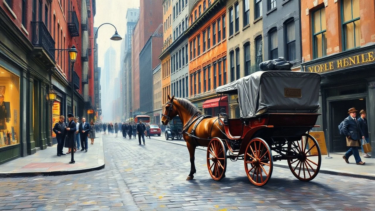 An oil painting of a New York City cobblestone street with an elegant horse and covered carriage in 1880, with vibrant colors and masterful brushstrokes reminiscent of Dutch Golden Age painting. The scene captures the stillness of the moment and the energy of a bustling community, with Baroque lighting techniques enhancing the textures and depth. wet wash paint textures