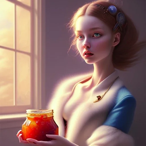 pixar style, realistic painting of a women in dress and a jar jam marmelade in kitchen,volumetric blue sky environment and background, volumetric lighting,dramatic lighting, detailed digital painting, extreme dense and fine fur, anime, ornate, colour-washed colors, elegant, small minutiae, tiny features, particulars, centered, smooth, sharp focus, renderman gofur render, 8k, uhd, detailed eyes, realistic shaded volumetric lighting,caustics,backlight