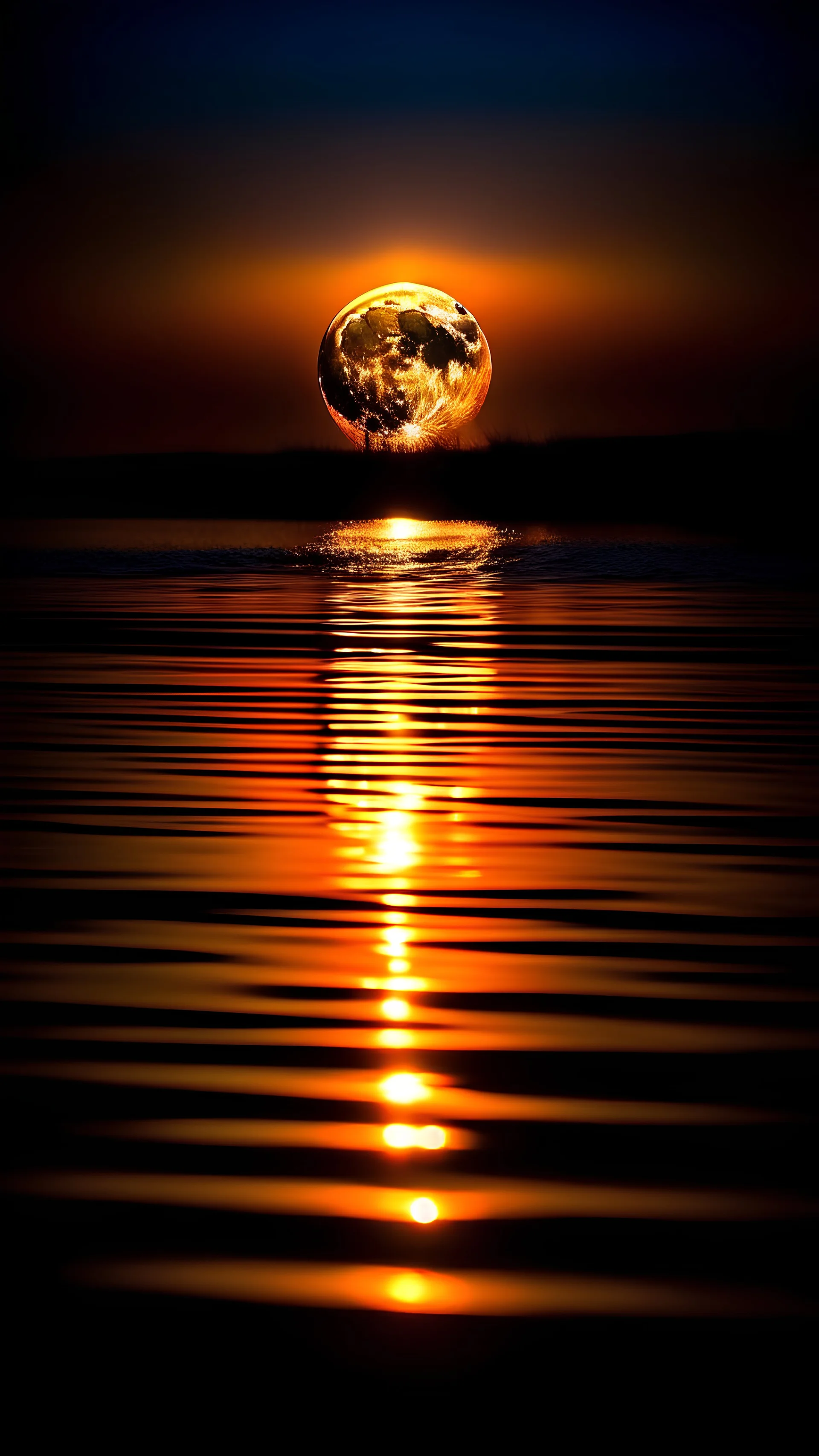 orange full moon and water reflecting