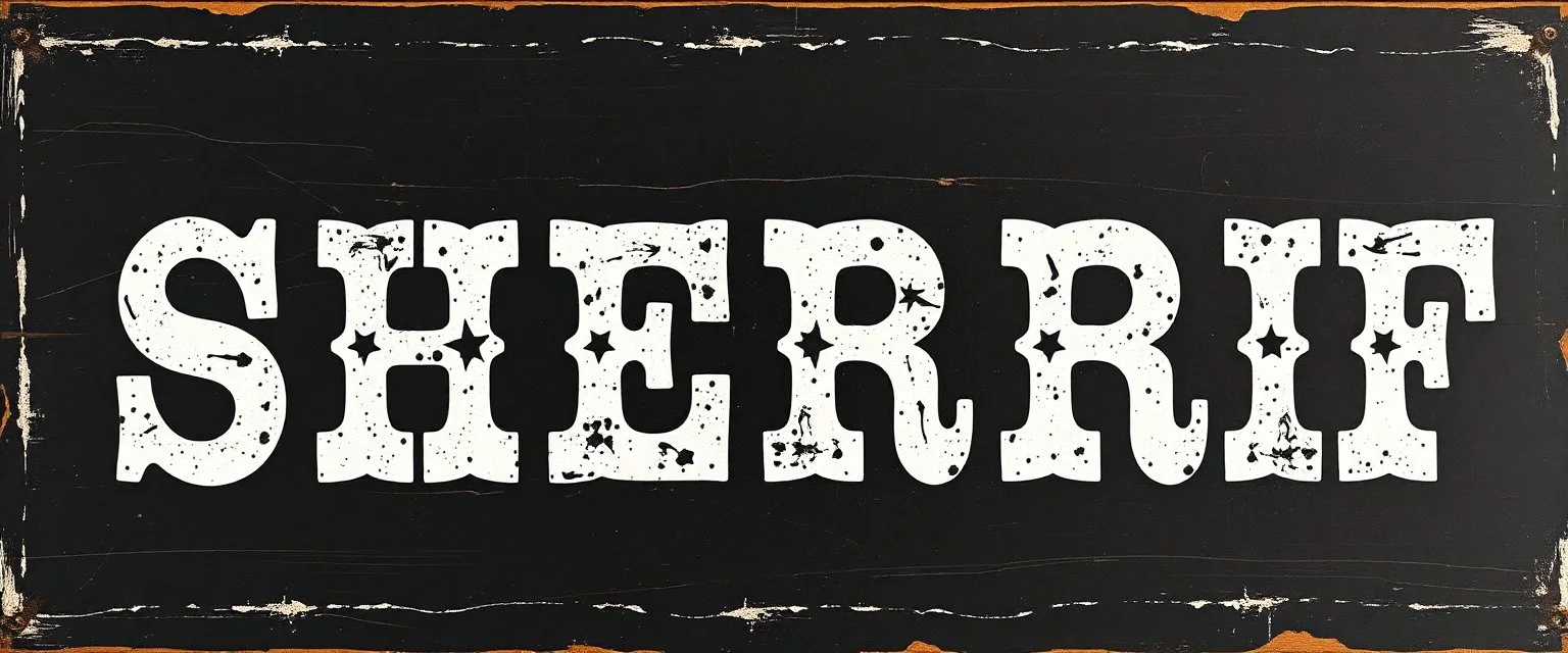 fill composition with large and wide hand painted old western sign that reads: "SHERRIF" white on black with inset boarder stripe in white aged