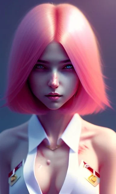 girl, cute, beautiful, pink hair, brown eyes, long hair, bangs, knife in hand, blood on face, by Greg Rutkowski, big boobs, blazer, skirt, yandere