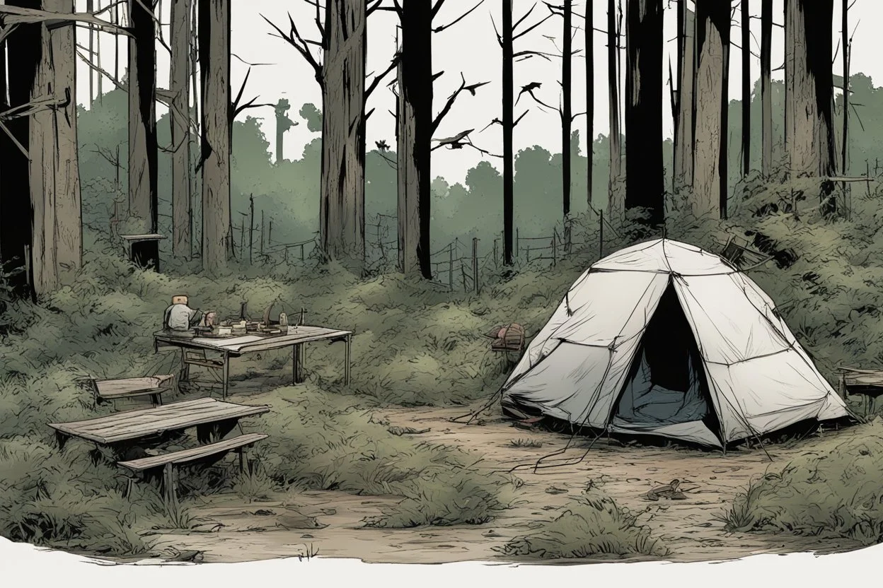 campsite, tents, overgrown, post-apocalyptic, comic book, forest