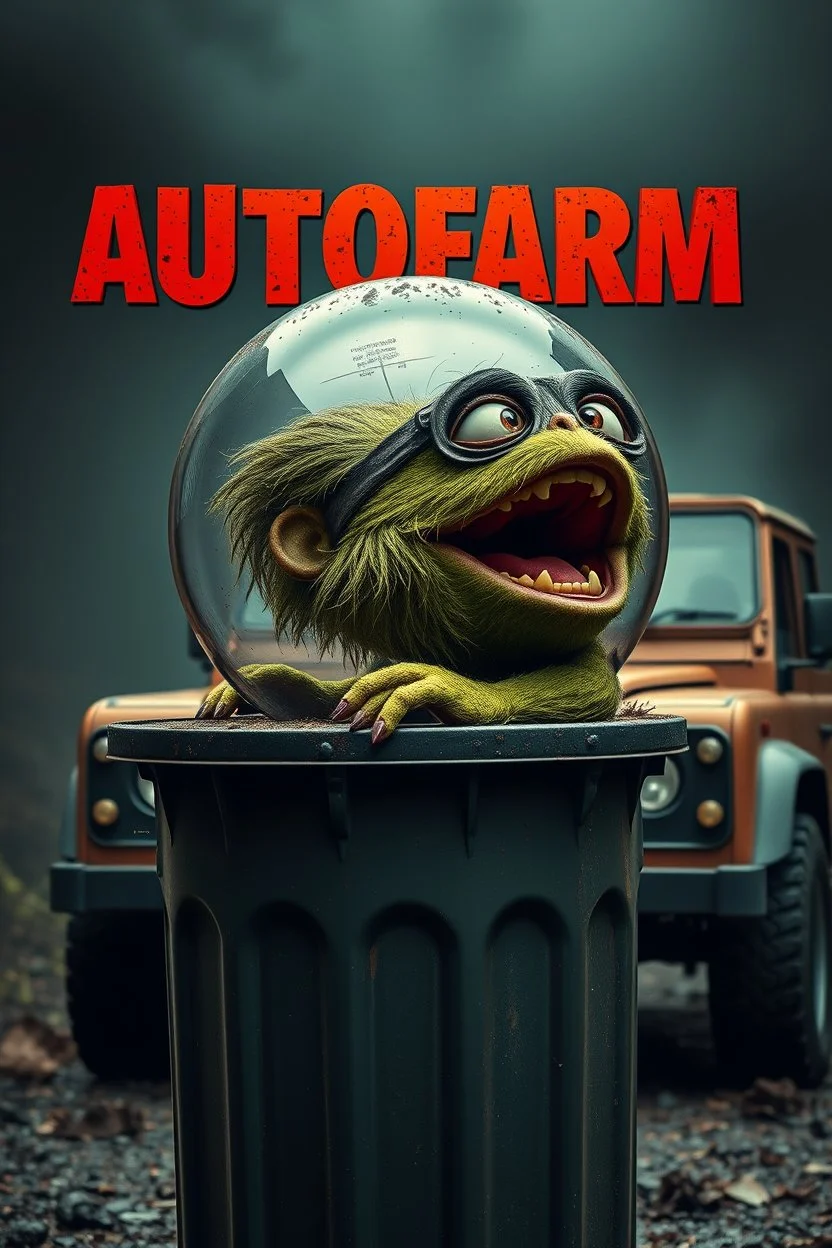 DIRTY CUTE HOT EUROPEAN Oscar the AUTOFARM Grouch SESEME ST CHARACTER IN LARGE BALL INSIDE LADY,GARBAGE TRASH BIN, side profile, "GARBAGE TRASH BIN IN FRONT" man in super blackscary (((((autofarm)))))) TITLE in movie poster movie style horror look. as five headed mouth open, rough teeth, turn head around, landrover crash in background, Mood/Atmosphere(BOOTY HORROR)(&*&*^%$^#%$#%$^%$#^#$#^%#$^$#