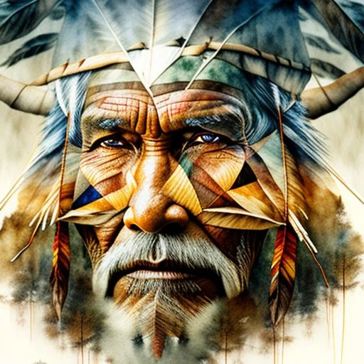 The old Cherokee man of the Great Plains, double exposure Cherokee mans face formed by a Teepee in a grass plains with Buffalo, watercolor by Jean-Baptiste Monge and Yossi Kotler, Modifiers: sharp focus extremely detailed intricate oil on canvas portrait hyperrealistic high definition crisp quality