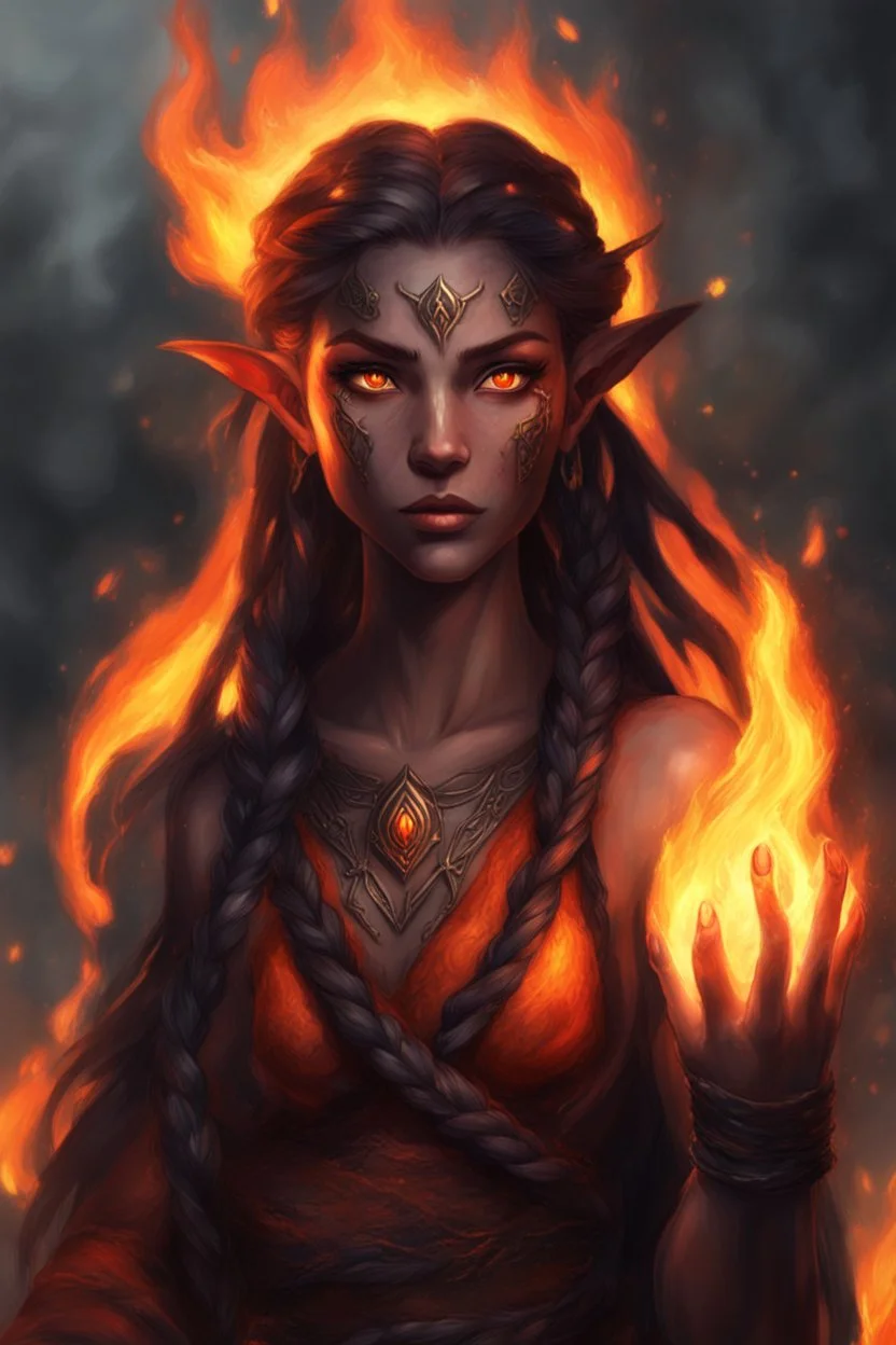 Fire Eladrin druid female. Hair is long and bright black part glows. Part of hair is braided and fire comes out from it. Big bright red eyes. Is generating fire with her hands . Skin color is dark. Has a big deep scar on face. Is making fire from hands