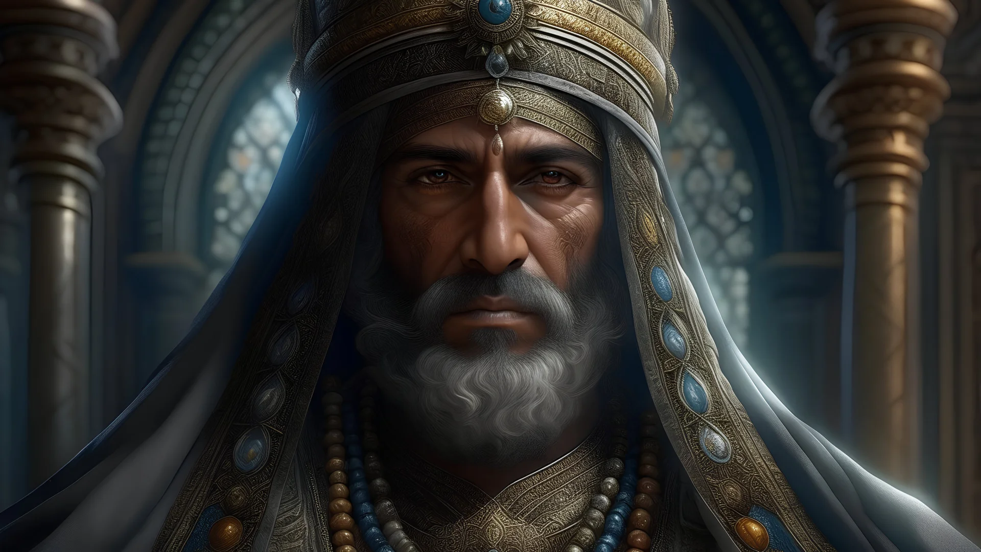 Islamic, Majestic, Gorgeous, Giant, Fantasy World, Clear View, Candid Facial Features, Accurate Detail, Robes, Headdress, Hyper Realistic, Highly Detailed, Highly Intricate
