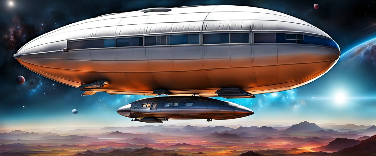 dirigible NCC 1701 hybrid, retrofuturistic, phototrealism, united federation of planets camper blimp