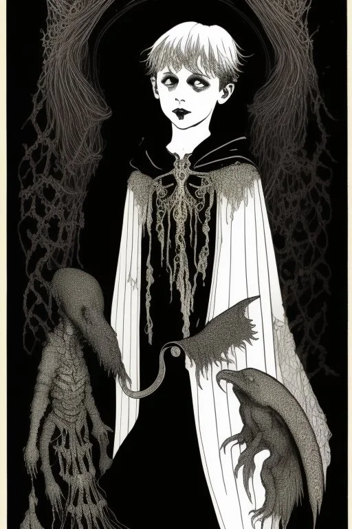 7 year old boy, necromancer, friendly, looks dead,with a long lamprey emerging from his belly , wearing black robes, in the style of Harry Clarke