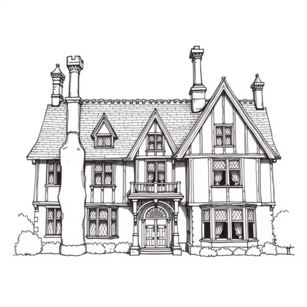 A detailed ink illustration of a front elevation of a Tudor fantasy house, with a tall chimneys and roofs.