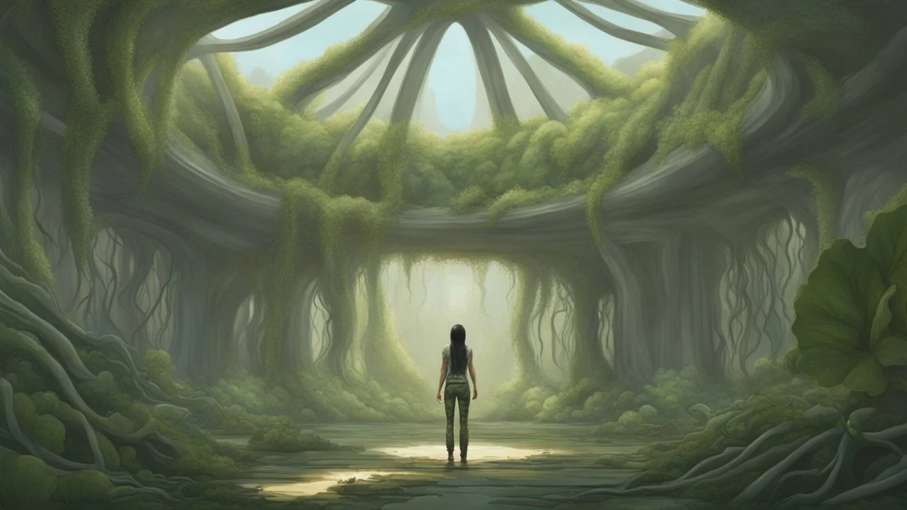 floating alien jellyfish, rampant foliage, and vines, inside a vaulted alien building, woman with black hair in a ponytail, in camouflage trousers and jacket, photorealistic, Intricate Detail, sunny day