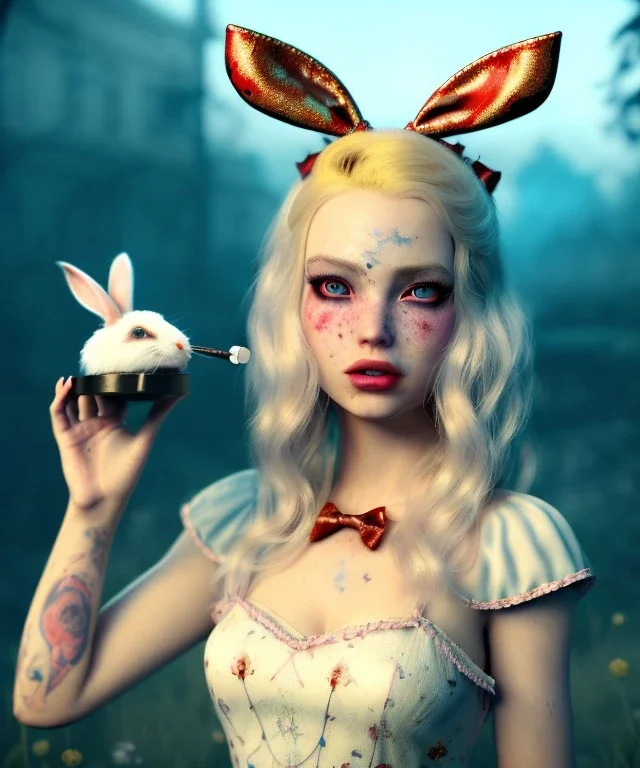 Ultra realistic wonderland photo, hot, happy blonde Alice woman and white rabbit smoking a pipe, blue dress, circus dress style, black headband with bow, old school tattoo, smoke, marijuana garden, glow eyes, perfect iris, soft color, highly detailed, unreal engine 5, ray tracing, RTX, lumen lighting, ultra detail, volumetric lighting, high definition.