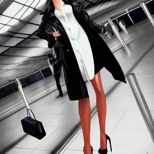 A tall slender young woman with short hair and a black trench coat passionately embraces her lover at airport