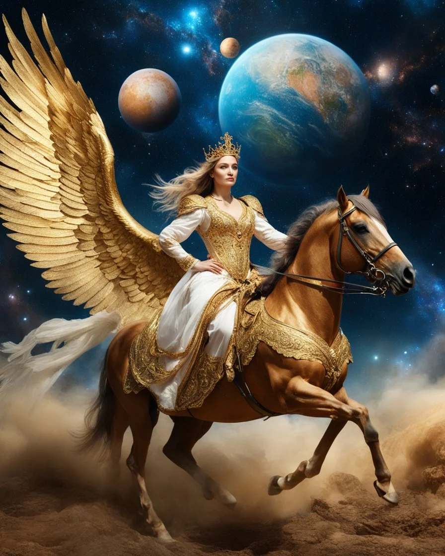 Realistic photography take photoshoot from far, facing front view of a beautiful female angel straddle wings dressed in gown traditional queen clothing riding a golden horse-drawn carriage, flying in space, a galaxy surrounded by planets