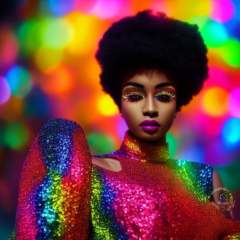 full body shot, masterpiece, best quality, man of median age, black skinned, sparkling eyes, fluorescent skin, colorful makeup, afro, highly detailed body, afrofuturism, scifi, sun light, 4K, RAW, depth of field, high contrast, realistic details, 24mm