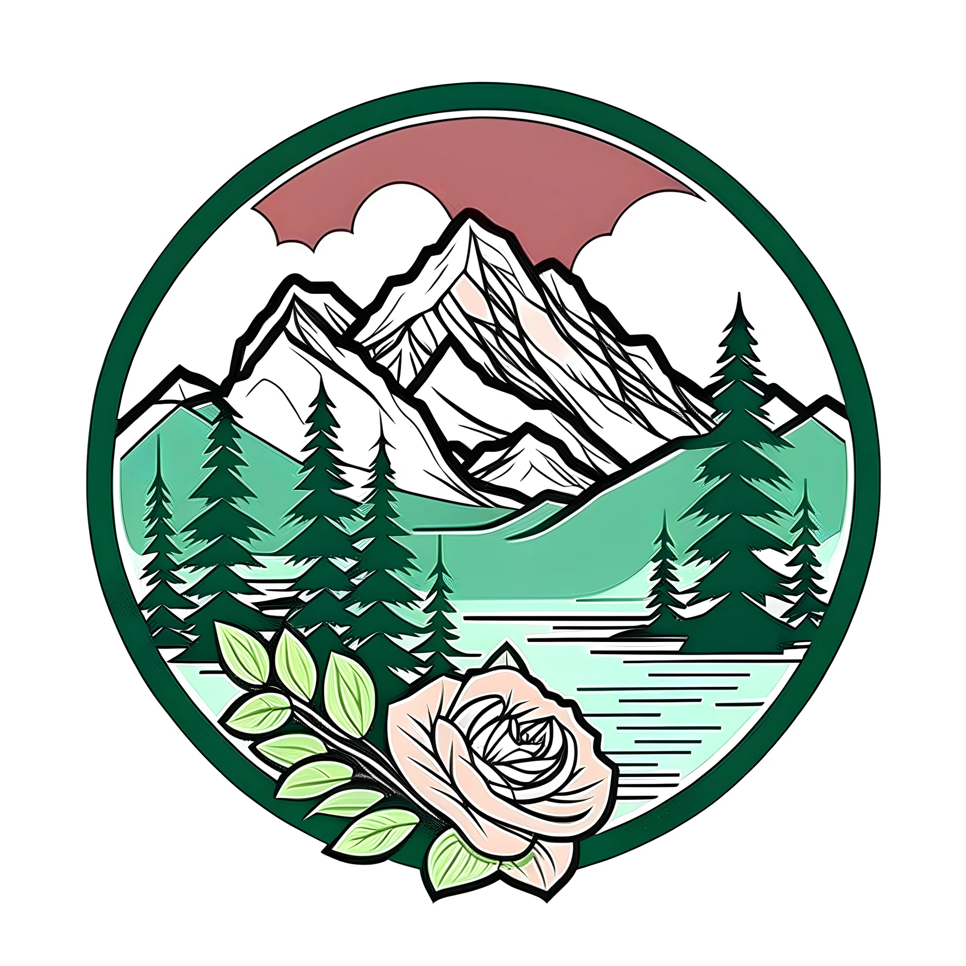 mountains river, Siberian cedar, rhododendron branch on the front, all on simple vector emblem