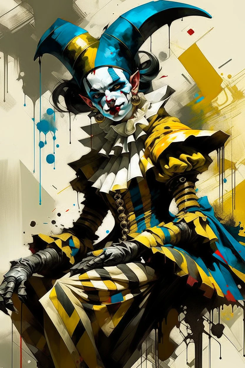 Digital Art of merry harlequin embodying the essence of merriment in a , minimalist approach, influenced by Luis Miranda, Jeremy Mann, Jeffrey Catherine Jones, blends conceptual art with elements of painting and illustration, somber tones, fragmented souls, shadow play, diffuse textures, abstract forms, digital painting, high conceptuality, palette inspired by Jeffrey Catherine Jones, golden ratio composition, fine detail, cinematic lighting.