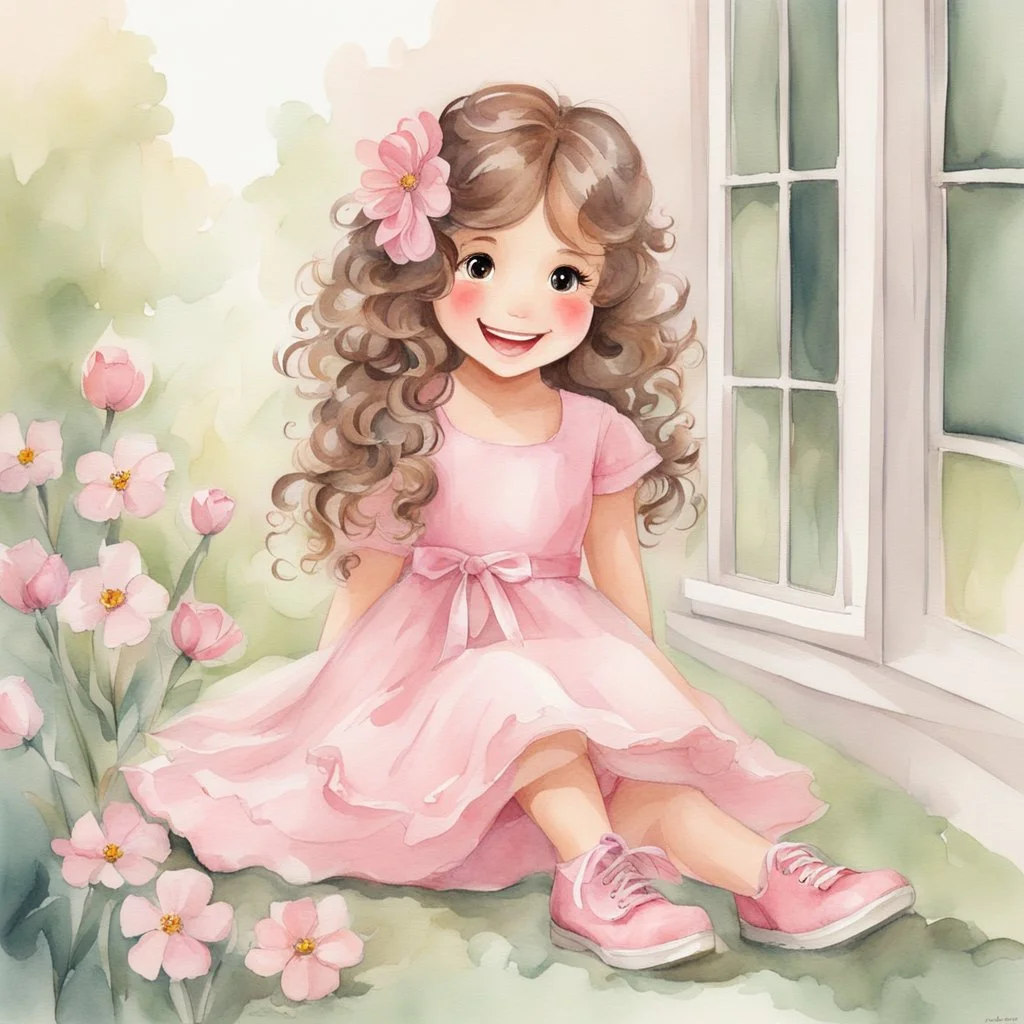 watercolor, full body, cute smile girl, curly hair, big eyes, long brown hair, pink dress, pink shoes