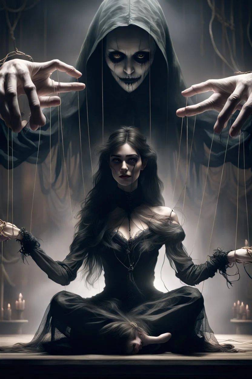 A dramatic digital mage of a woman seated on a table,facing to the front ,she is connected to string like a puppet, arms in air, moved by the strings, puppet like features in the face, beautiful face, behind her also facing the front is the puppet master,is a huge image of a man holding the strings, creepy gothic character,.zoomed in, dark and shadowy background with selective lighting on the woman, gothic and chaotic