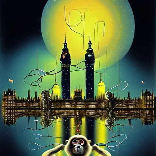 A monkey playing the drums, london skyline at night, in the style of Salvador Dali