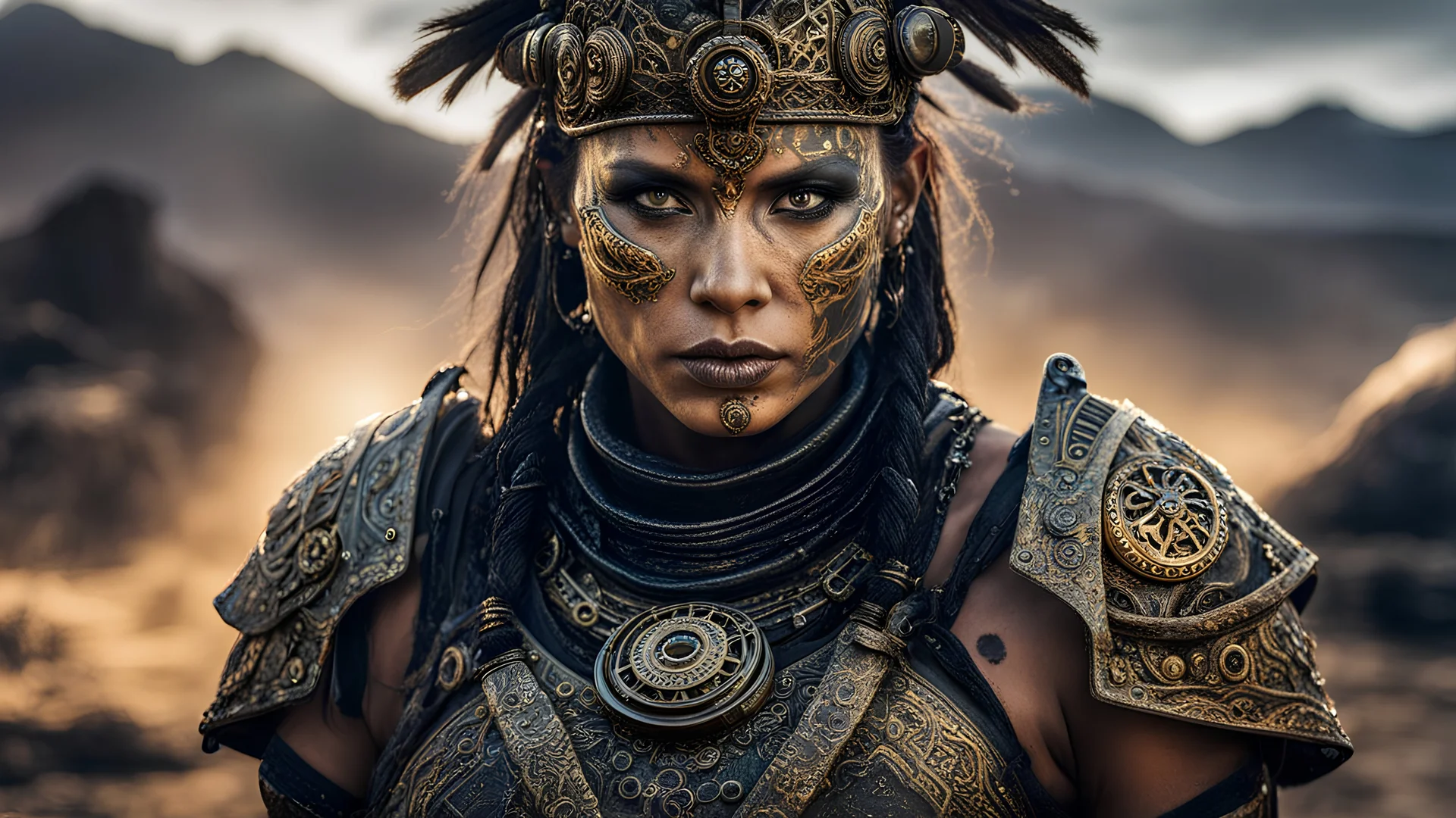 WOMAN, Post-apocalyptic veteran tribal warrior survivor A surviving post-apocalyptic veteran tribal warrior with golden tattooed skin and scars, with black armor and gears, covered in dust, highly detailed, vibrant and intricate facial details, eyes that catch reflections of light, facial features that exude complexity. In the background apocalyptic scenario, intricate black liquid, dark ambient. Fascinating highly detailed HDR, vibrant and vivid colors, digital art, high resolution