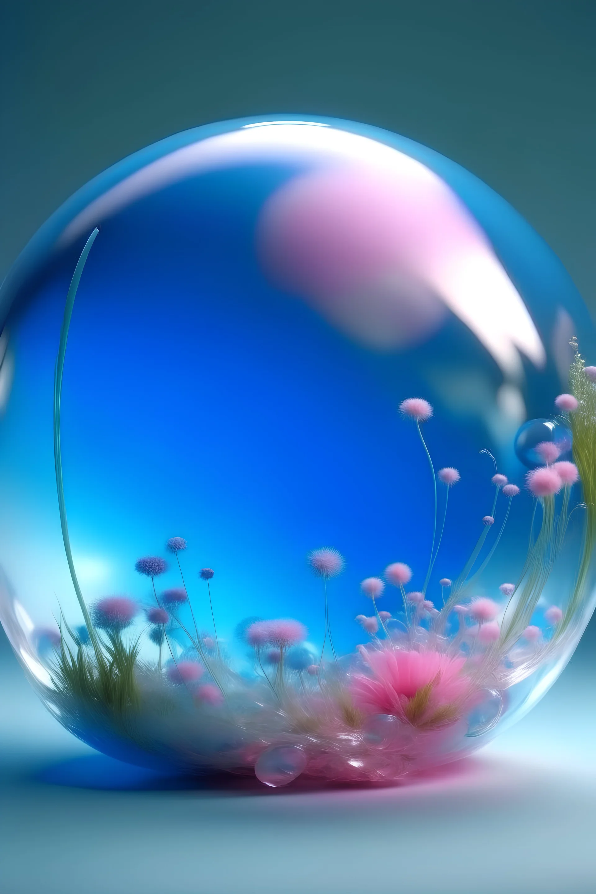 a dreamful liquid translucent planet, with light pink light blue light white, liquid translucent irregular shape, flowers and grass