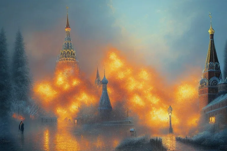 Peinture de Vladimir poutine, kremlin en feu,