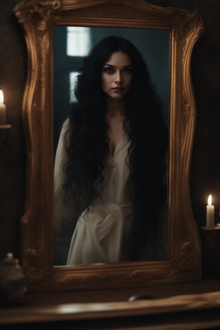 Close up of a beautiful woman with long curly black hair standing in front of a mirror, she doesn't see, but her reflection in the mirror is a dark demon with intense scary eyes looking back at her. Super realistic, 8k high quality