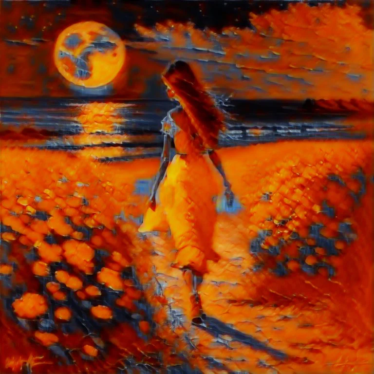 A woman's painting and Irish Sutter is walking in the field leading to the beach under a full moon, graceful, orange and azure, articular art, flower power, realistic but romantic, picturesque fabrics, dance -37:43 - -Style 750 v6