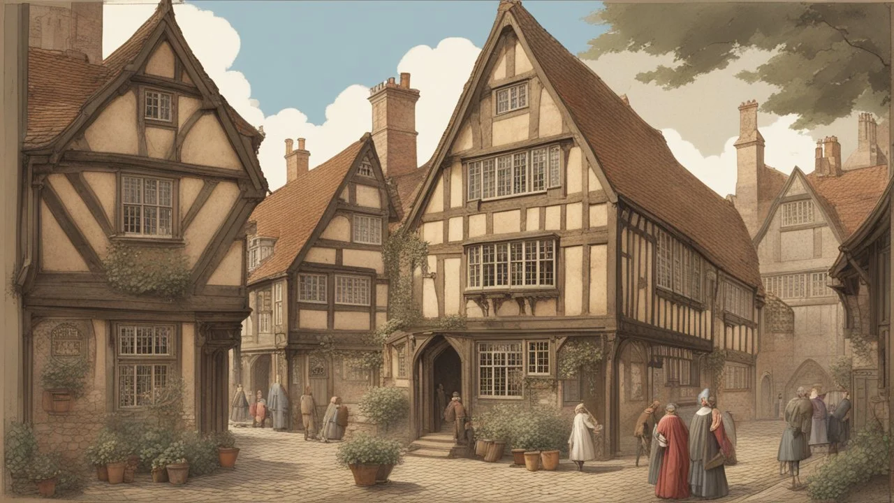 A Paved Courtyard, With Tudor Gothic Houses, Tall Chimneys, Crooked Roofs, a small stream, People, Shops,