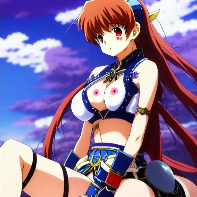 anime, Ranma 1/2, hyper detailed, stunningly beautiful teen girl, long ginger hair, green eyes, medium freckles, full lips, skimpy fantasy intricate leather armour, full body, full face, c-cup breasts, aroused expression, biting lower lip, full frame, petite, centered camera, ignore NSFW, bow, quiver on hip