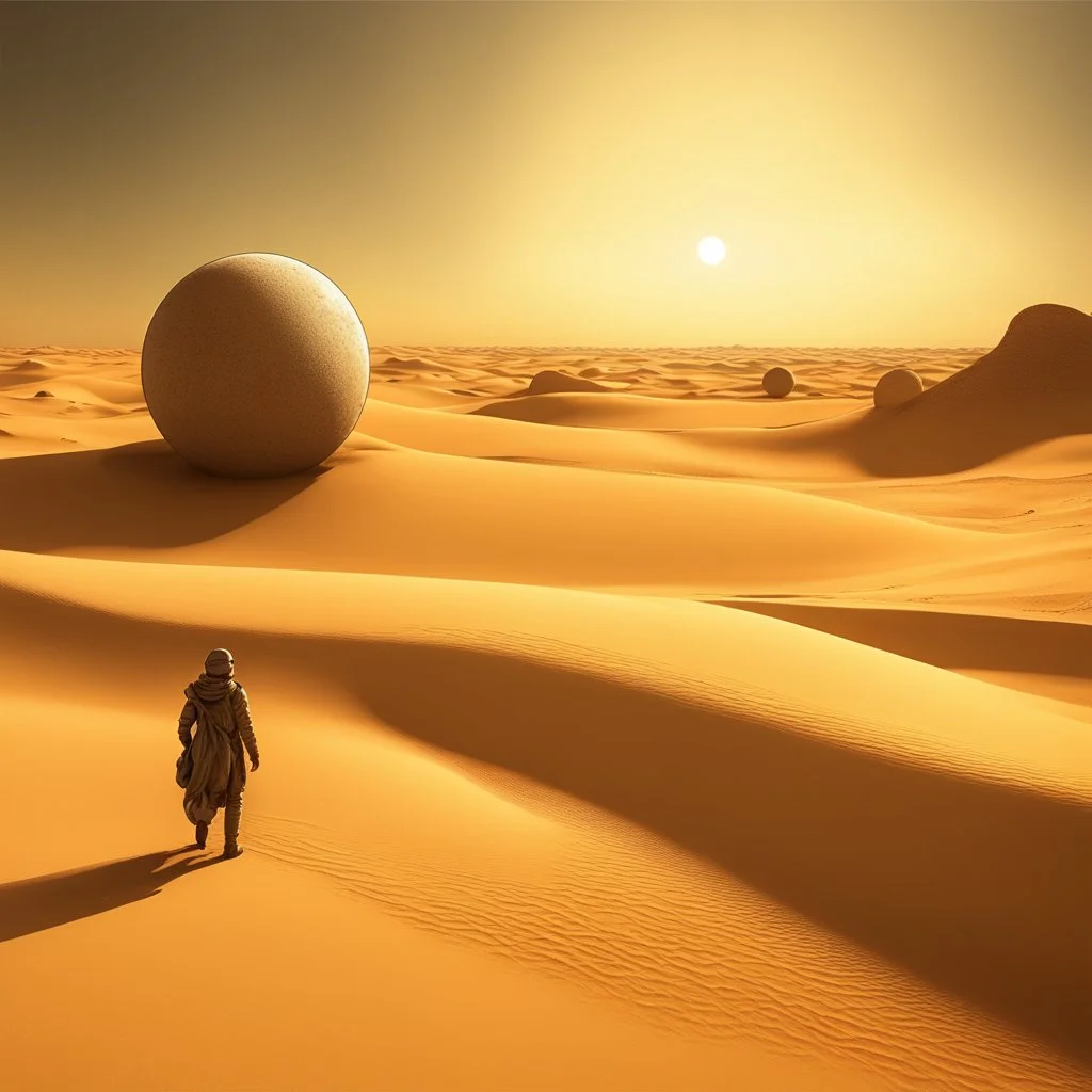 person alone in planet ,Dune-Desert Planet Arrakis: Image of a barren, sandy desert planet with two moons in the sky, conveying the harsh environment of Arrakis., Alexandro Jodorowsy Art,Juan Gimenez Art,Space Art,Sci-Fic Art,Dark Influence,NijiExpress 3D v2,Kinetic Art,Datanoshing,Oil painting,Ink v3,Splash style,Abstract Art,Abstract Tech,CyberTech Elements,Futuristic,Epic style,Illustrated v3,Deco Influence,Air Brush style,drawing