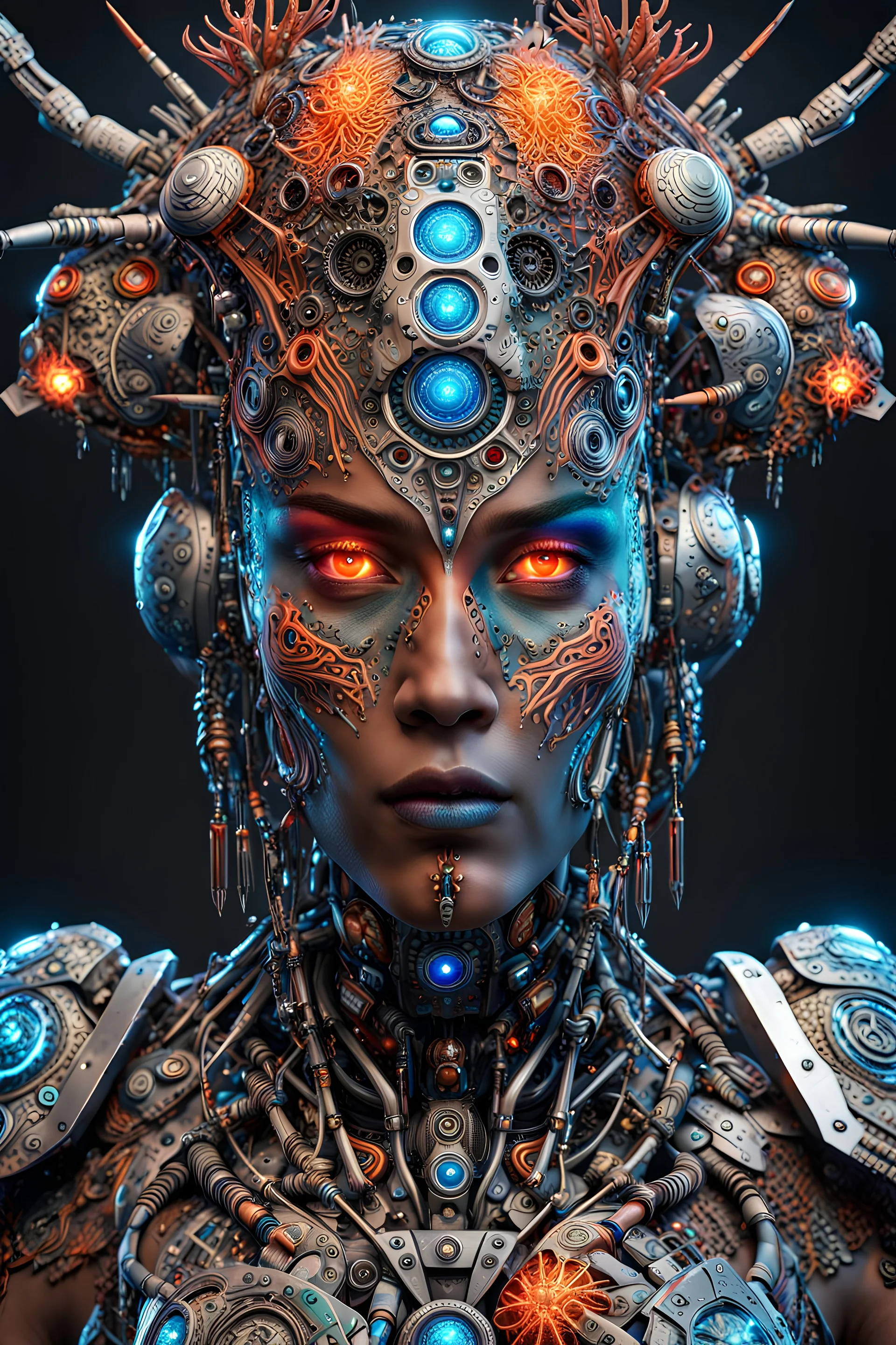 3D rendering of Expressively detailed and intricate of a hyperrealistic “cyborg”: front view,colorful paint, tribalism, shamanism, cosmic fractals, dystopian, octane render, volumetric lighting, 8k post-production, detailled metalic bones, dendritic, artstation: award-winning: professional portrait: atmospheric: commanding: fantastical: clarity: 16k: ultra quality: striking: brilliance: stunning colors: amazing